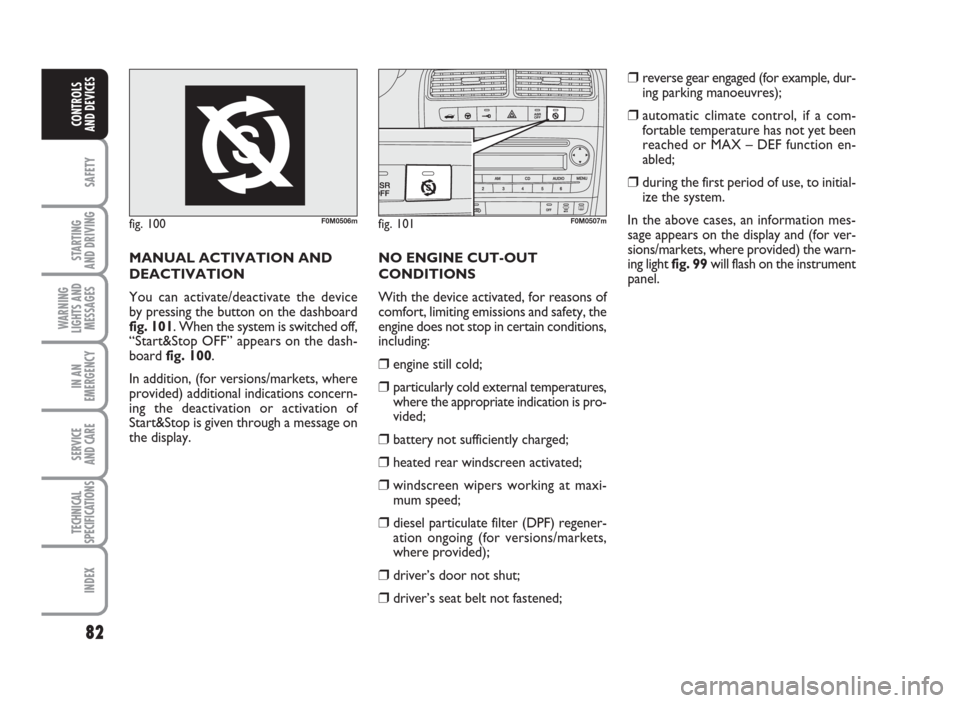 FIAT GRANDE PUNTO 2010 199 / 1.G Manual Online 82
SAFETY
STARTING
AND DRIVING
WARNING
LIGHTS AND
MESSAGES
IN AN
EMERGENCY
SERVICE
AND CARE
TECHNICAL
SPECIFICATIONS
INDEX
CONTROLS
AND DEVICES
fig. 100F0M0506mfig. 101F0M0507m
MANUAL ACTIVATION AND
D