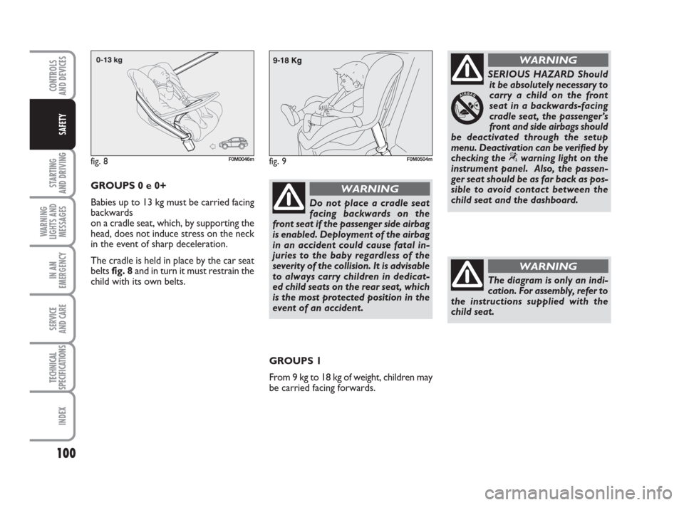 FIAT GRANDE PUNTO ACTUAL 2014 1.G Owners Manual 100
STARTING 
AND DRIVING
WARNING
LIGHTS AND
MESSAGES
IN AN
EMERGENCY
SERVICE 
AND CARE
TECHNICAL
SPECIFICATIONS
INDEX
CONTROLS 
AND DEVICES
SAFETY
Do not place a cradle seat
facing backwards on the
f