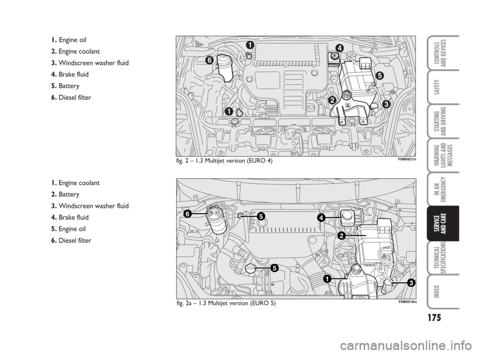 FIAT GRANDE PUNTO ACTUAL 2014 1.G User Guide 175
SAFETY
STARTING 
AND DRIVING
WARNING
LIGHTS AND
MESSAGES
IN AN
EMERGENCY
TECHNICAL
SPECIFICATIONS
INDEX
CONTROLS 
AND DEVICES
SERVICE 
AND CARE
fig. 2 – 1.3 Multijet version (EURO 4)
1.Engine oi