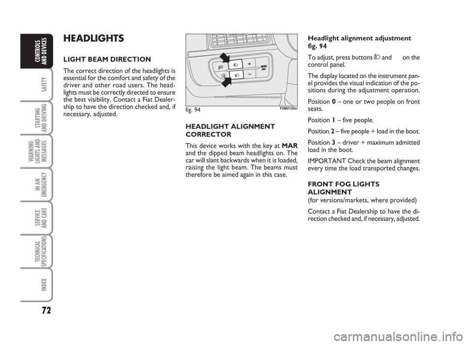 FIAT GRANDE PUNTO ACTUAL 2014 1.G Manual PDF 72
SAFETY
STARTING
AND DRIVING
WARNING
LIGHTS AND
MESSAGES
IN AN
EMERGENCY
SERVICE
AND CARE
TECHNICAL
SPECIFICATIONS
INDEX
CONTROLS
AND DEVICES
HEADLIGHTS
LIGHT BEAM DIRECTION
The correct direction of