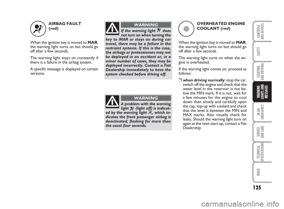 FIAT GRANDE PUNTO ACTUAL 2015 1.G User Guide 125
SAFETY
STARTING 
AND DRIVING
IN AN
EMERGENCY
SERVICE 
AND CARE
TECHNICAL
SPECIFICATIONS
INDEX
CONTROLS 
AND DEVICES
WARNING
LIGHTS AND
MESSAGES
AIRBAG FAULT 
(red)
When the ignition key is moved t