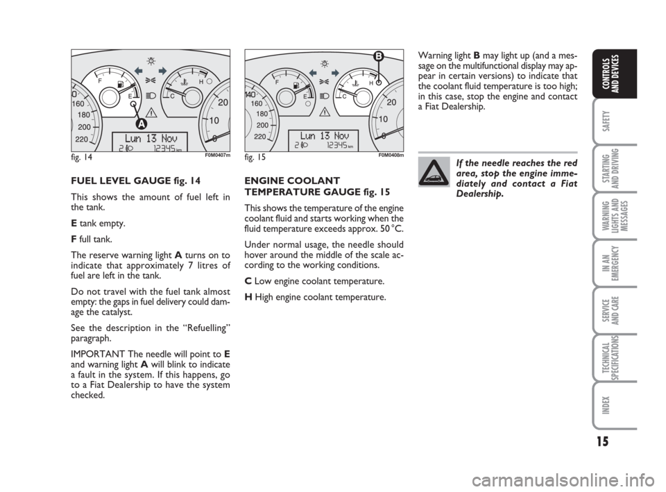 FIAT GRANDE PUNTO ACTUAL 2015 1.G Owners Manual 15
SAFETY
STARTING 
AND DRIVING
WARNING
LIGHTS AND
MESSAGES
IN AN
EMERGENCY
SERVICE 
AND CARE
TECHNICAL
SPECIFICATIONS
INDEX
CONTROLS 
AND DEVICES
FUEL LEVEL GAUGE fig. 14
This shows the amount of fue