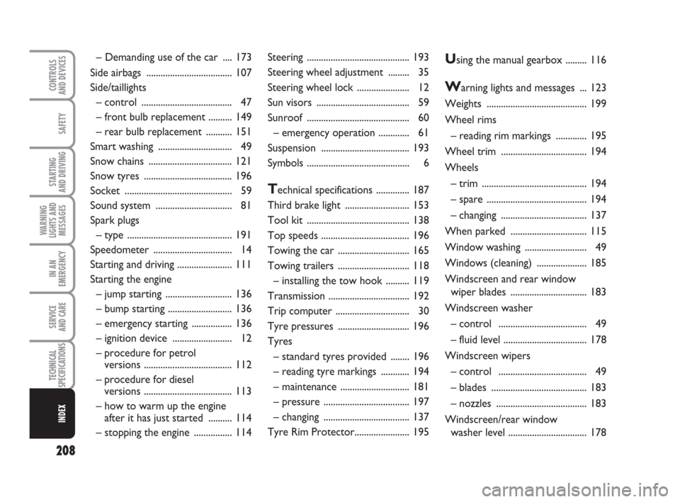 FIAT GRANDE PUNTO ACTUAL 2015 1.G Owners Manual 208
SAFETY
STARTING 
AND DRIVING
WARNING
LIGHTS AND
MESSAGES
IN AN
EMERGENCY
SERVICE 
AND CARE
TECHNICAL
SPECIFICATIONS
INDEX
CONTROLS 
AND DEVICES
Steering ...........................................