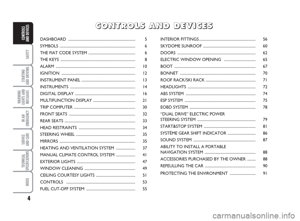 FIAT GRANDE PUNTO ACTUAL 2016 1.G Owners Manual 4
SAFETY
STARTING 
AND DRIVING
WARNING
LIGHTS AND
MESSAGES
IN AN
EMERGENCY
SERVICE 
AND CARE
TECHNICAL
SPECIFICATIONS
INDEX
CONTROLS 
AND DEVICESDASHBOARD .............................................
