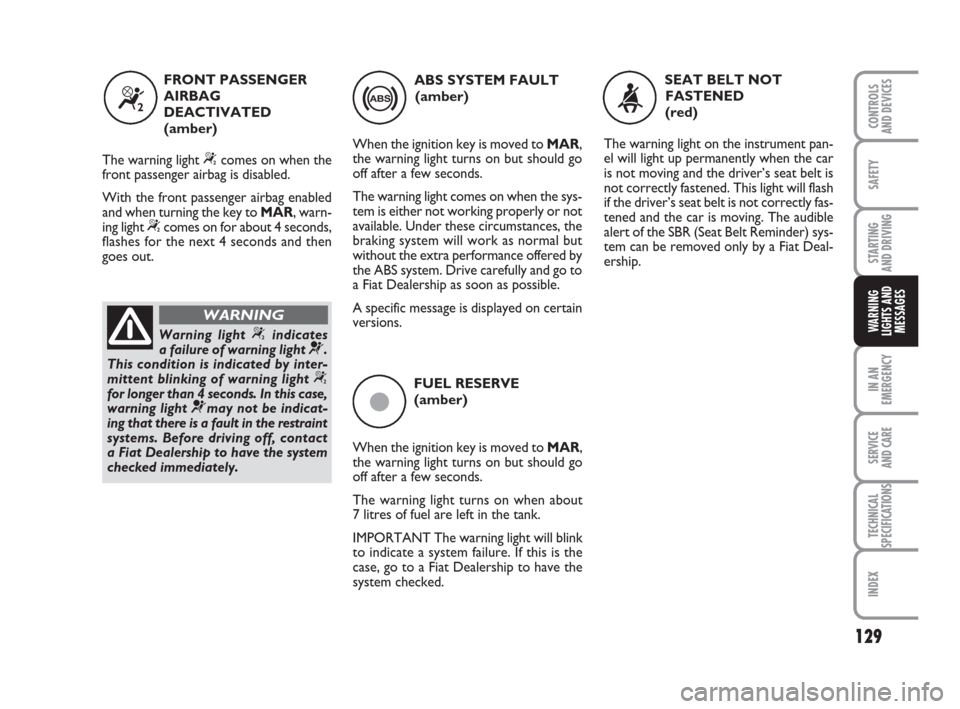 FIAT GRANDE PUNTO ACTUAL 2017 1.G Owners Manual 129
SAFETY
STARTING 
AND DRIVING
IN AN
EMERGENCY
SERVICE 
AND CARE
TECHNICAL
SPECIFICATIONS
INDEX
CONTROLS 
AND DEVICES
WARNING
LIGHTS AND
MESSAGES
ç
FUEL RESERVE 
(amber)
When the ignition key is mo