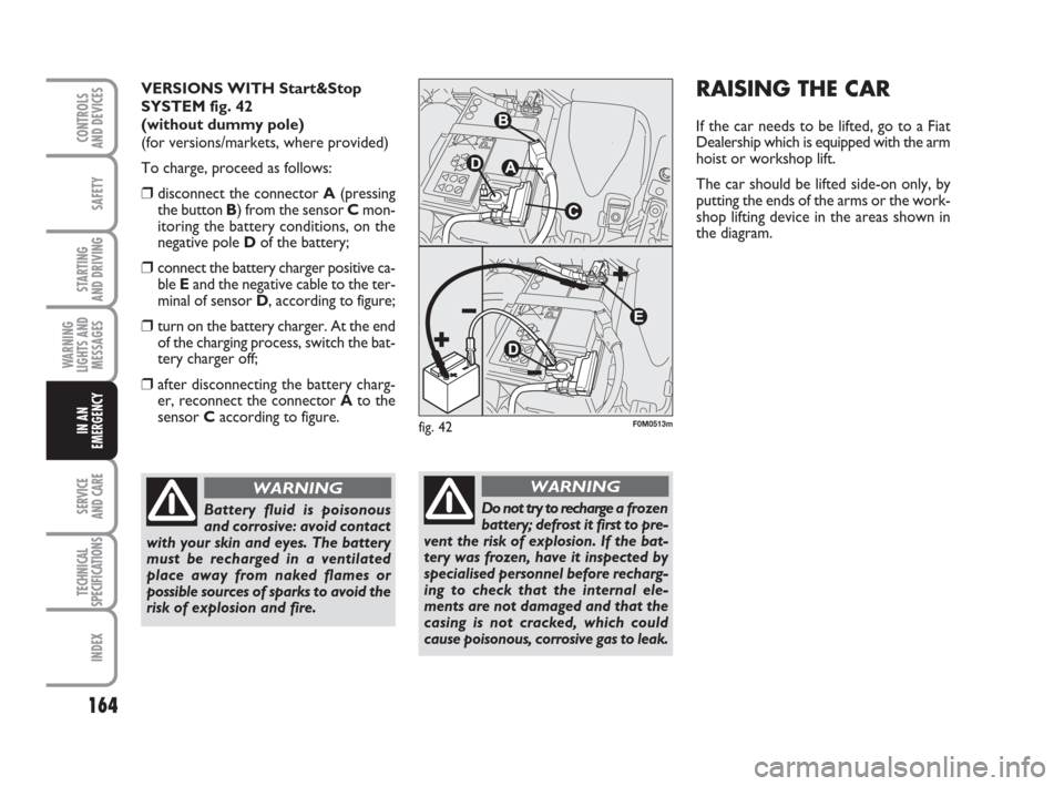 FIAT GRANDE PUNTO ACTUAL 2017 1.G Owners Manual 164
SAFETY
STARTING 
AND DRIVING
WARNING
LIGHTS AND
MESSAGES
SERVICE 
AND CARE
TECHNICAL
SPECIFICATIONS
INDEX
CONTROLS 
AND DEVICES
IN AN
EMERGENCY
RAISING THE CAR
If the car needs to be lifted, go to