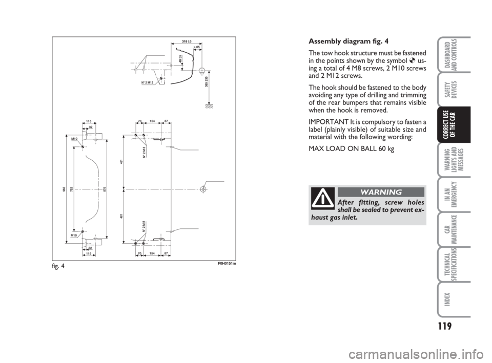 FIAT IDEA 2012 1.G Owners Manual 119
WARNING
LIGHTS AND
MESSAGES
IN AN
EMERGENCY
CAR
MAINTENANCE
TECHNICAL
SPECIFICATIONS
INDEX
DASHBOARD
AND CONTROLS
SAFETY
DEVICES
CORRECT USE
OF THE CAR
F0H0151m
Assembly diagram fig. 4
The tow hoo FIAT IDEA 2012 1.G Owners Manual 119
WARNING
LIGHTS AND
MESSAGES
IN AN
EMERGENCY
CAR
MAINTENANCE
TECHNICAL
SPECIFICATIONS
INDEX
DASHBOARD
AND CONTROLS
SAFETY
DEVICES
CORRECT USE
OF THE CAR
F0H0151m
Assembly diagram fig. 4
The tow hoo