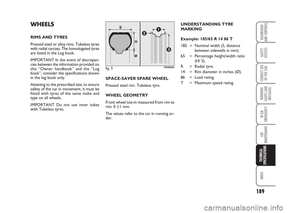 FIAT IDEA 2012 1.G Owners Manual 189
INDEX
DASHBOARD
AND CONTROLS
SAFETY
DEVICES
CORRECT USE
OF THE CAR
WARNING
LIGHTS AND
MESSAGES
IN AN
EMERGENCY
CAR
MAINTENANCE
TECHNICAL
SPECIFICATIONS
fig. 5F0H0229m
WHEELS
RIMS AND TYRES
Pressed FIAT IDEA 2012 1.G Owners Manual 189
INDEX
DASHBOARD
AND CONTROLS
SAFETY
DEVICES
CORRECT USE
OF THE CAR
WARNING
LIGHTS AND
MESSAGES
IN AN
EMERGENCY
CAR
MAINTENANCE
TECHNICAL
SPECIFICATIONS
fig. 5F0H0229m
WHEELS
RIMS AND TYRES
Pressed