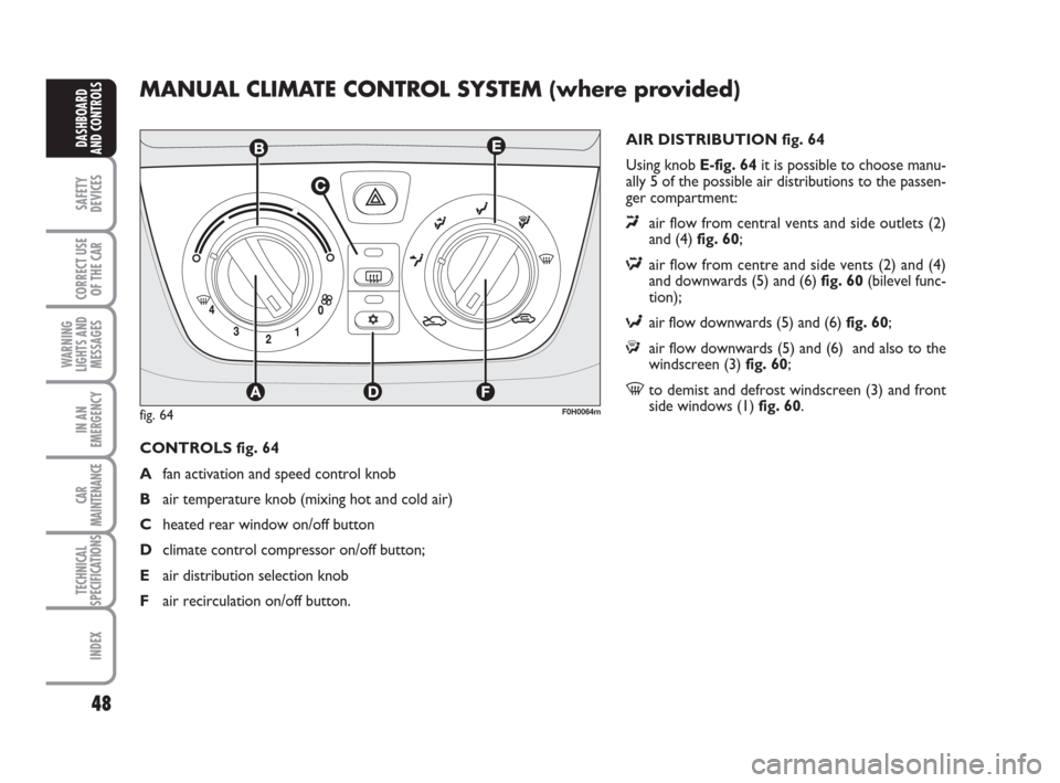 FIAT IDEA 2012 1.G Service Manual 48
SAFETY
DEVICES
CORRECT USE
OF THE CAR
WARNING
LIGHTS AND
MESSAGES
IN AN
EMERGENCY
CAR
MAINTENANCE
TECHNICAL
SPECIFICATIONS
INDEX
DASHBOARD
AND CONTROLS
MANUAL CLIMATE CONTROL SYSTEM (where provided FIAT IDEA 2012 1.G Service Manual 48
SAFETY
DEVICES
CORRECT USE
OF THE CAR
WARNING
LIGHTS AND
MESSAGES
IN AN
EMERGENCY
CAR
MAINTENANCE
TECHNICAL
SPECIFICATIONS
INDEX
DASHBOARD
AND CONTROLS
MANUAL CLIMATE CONTROL SYSTEM (where provided