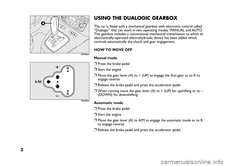 FIAT IDEA 2005 1.G Dualogic Transmission Manual 2
USING THE DUALOGIC GEARBOX
The car is fitted with a mechanical gearbox with electronic control called
“Dualogic” that can work in two operating modes: MANUAL and AUTO.
This gearbox includes a co