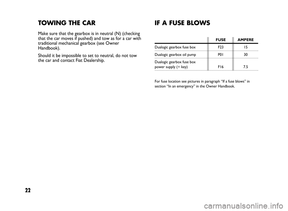 FIAT IDEA 2005 1.G Dualogic Transmission Manual 22
TOWING THE CAR
Make sure that the gearbox is in neutral (N) (checking
that the car moves if pushed) and tow as for a car with
traditional mechanical gearbox (see Owner
Handbook).
Should it be impos FIAT IDEA 2005 1.G Dualogic Transmission Manual 22
TOWING THE CAR
Make sure that the gearbox is in neutral (N) (checking
that the car moves if pushed) and tow as for a car with
traditional mechanical gearbox (see Owner
Handbook).
Should it be impos