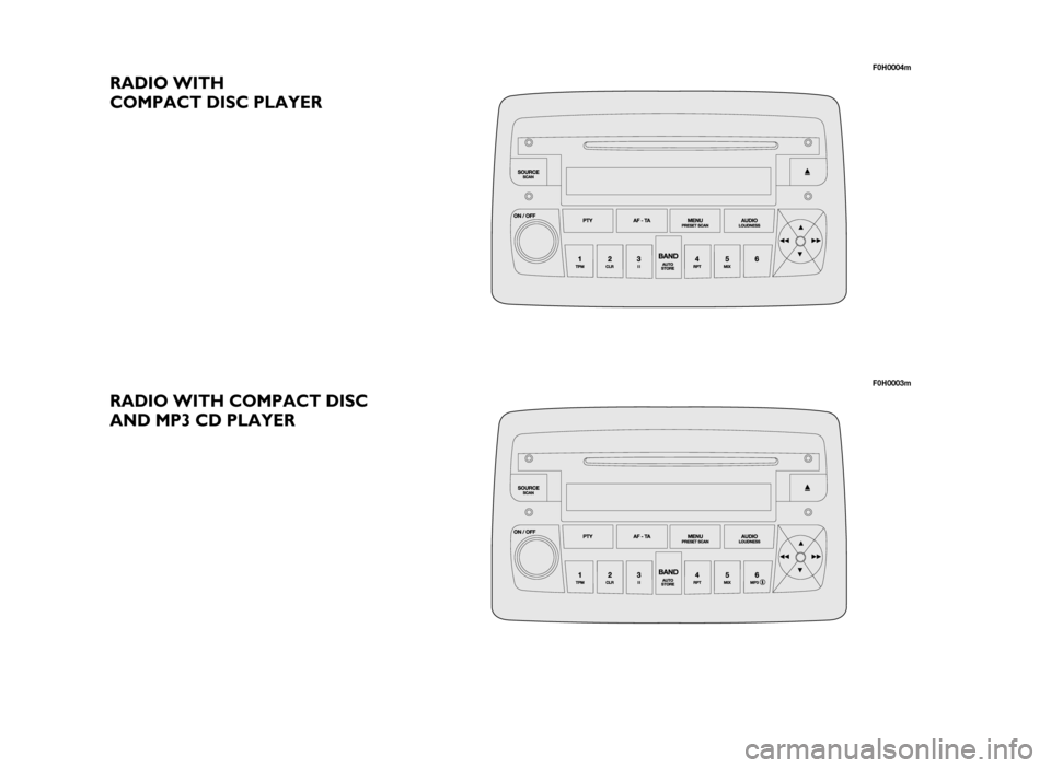 FIAT IDEA 2005 1.G Radio CD Manual RADIO WITH
COMPACT DISC PLAYER
RADIO WITH COMPACT DISC
AND MP3 CD PLAYER
F0H0004m
F0H0003m FIAT IDEA 2005 1.G Radio CD Manual RADIO WITH
COMPACT DISC PLAYER
RADIO WITH COMPACT DISC
AND MP3 CD PLAYER
F0H0004m
F0H0003m