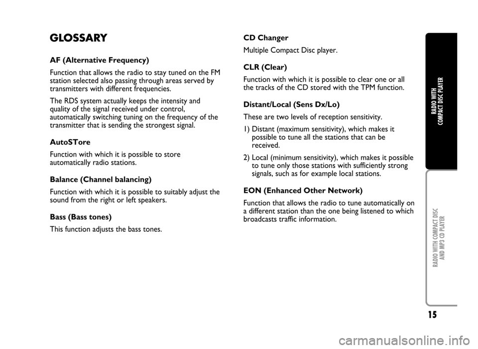 FIAT IDEA 2005 1.G Radio CD Manual 15
RADIO WITH COMPACT DISC
AND MP3 CD PLAYER
RADIO WITH
COMPACT DISC PLAYER
GLOSSARY
AF (Alternative Frequency)
Function that allows the radio to stay tuned on the FM
station selected also passing t FIAT IDEA 2005 1.G Radio CD Manual 15
RADIO WITH COMPACT DISC
AND MP3 CD PLAYER
RADIO WITH
COMPACT DISC PLAYER
GLOSSARY
AF (Alternative Frequency)
Function that allows the radio to stay tuned on the FM
station selected also passing t