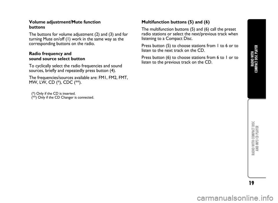 FIAT IDEA 2005 1.G Radio CD Manual 19
RADIO WITH COMPACT DISC 
AND MP3 CD PLAYER
RADIO WITH 
COMPACT DISC PLAYER
Multifunction buttons (5) and (6)
The multifunction buttons (5) and (6) call the preset
radio stations or select the next/