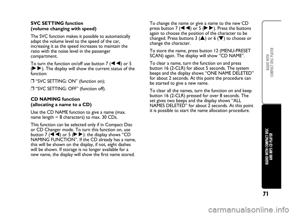 FIAT IDEA 2005 1.G Radio CD Manual 71
RADIO WITH COMPACT DISC
AND MP3 CD PLAYERRADIO WITH
COMPACT DISC PLAYER
SVC SETTING function
(volume changing with speed)
The SVC function makes it possible to automatically
adapt the volume leve FIAT IDEA 2005 1.G Radio CD Manual 71
RADIO WITH COMPACT DISC
AND MP3 CD PLAYERRADIO WITH
COMPACT DISC PLAYER
SVC SETTING function
(volume changing with speed)
The SVC function makes it possible to automatically
adapt the volume leve
