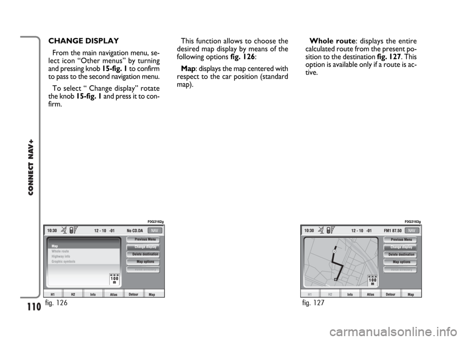 FIAT IDEA 2006 1.G Connect NavPlus Manual 110
CONNECT NAV+
CHANGE DISPLAY
From the main navigation menu, se-
lect icon “Other menus” by turning
and pressing knob 15-fig. 1to confirm
to pass to the second navigation menu.
To select “ Cha FIAT IDEA 2006 1.G Connect NavPlus Manual 110
CONNECT NAV+
CHANGE DISPLAY
From the main navigation menu, se-
lect icon “Other menus” by turning
and pressing knob 15-fig. 1to confirm
to pass to the second navigation menu.
To select “ Cha