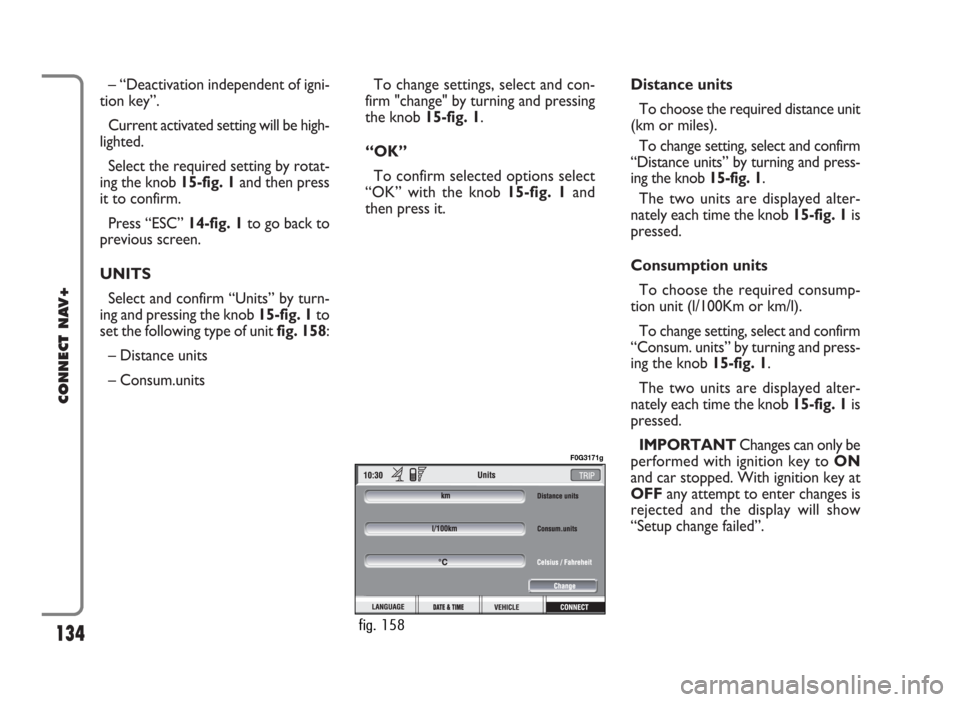 FIAT IDEA 2006 1.G Connect NavPlus Manual – “Deactivation independent of igni-
tion key”.
Current activated setting will be high-
lighted.
Select the required setting by rotat-
ing the knob 15-fig. 1and then press
it to confirm.
Press FIAT IDEA 2006 1.G Connect NavPlus Manual – “Deactivation independent of igni-
tion key”.
Current activated setting will be high-
lighted.
Select the required setting by rotat-
ing the knob 15-fig. 1and then press
it to confirm.
Press