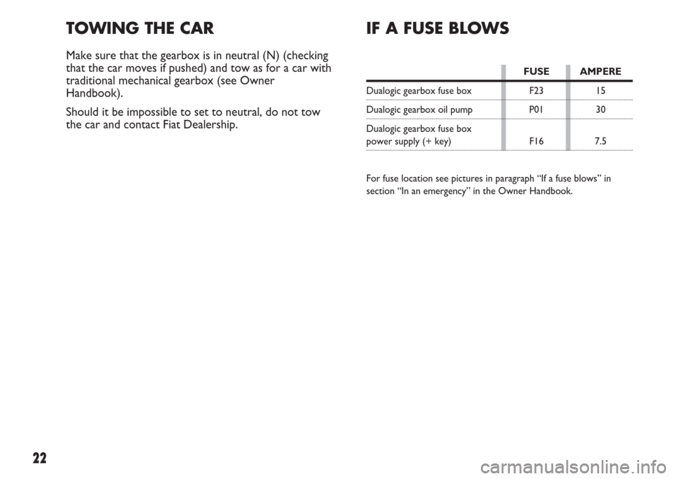FIAT IDEA 2007 1.G Dualogic Transmission Manual 22
TOWING THE CAR
Make sure that the gearbox is in neutral (N) (checking
that the car moves if pushed) and tow as for a car with
traditional mechanical gearbox (see Owner
Handbook).
Should it be impos