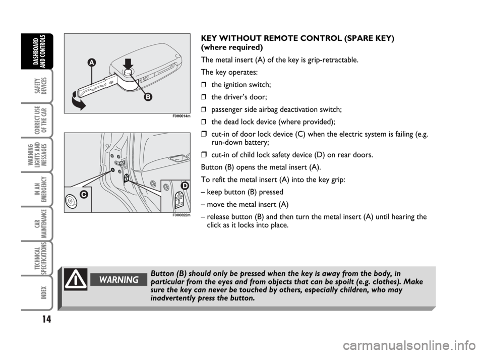 FIAT IDEA 2007 1.G User Guide 14
SAFETY
DEVICES
CORRECT USE
OF THE CAR
WARNING
LIGHTS AND
MESSAGES
IN AN
EMERGENCY
CAR
MAINTENANCE
TECHNICAL
SPECIFICATIONS
INDEX
DASHBOARD
AND CONTROLS
KEY WITHOUT REMOTE CONTROL (SPARE KEY)
(wher FIAT IDEA 2007 1.G User Guide 14
SAFETY
DEVICES
CORRECT USE
OF THE CAR
WARNING
LIGHTS AND
MESSAGES
IN AN
EMERGENCY
CAR
MAINTENANCE
TECHNICAL
SPECIFICATIONS
INDEX
DASHBOARD
AND CONTROLS
KEY WITHOUT REMOTE CONTROL (SPARE KEY)
(wher