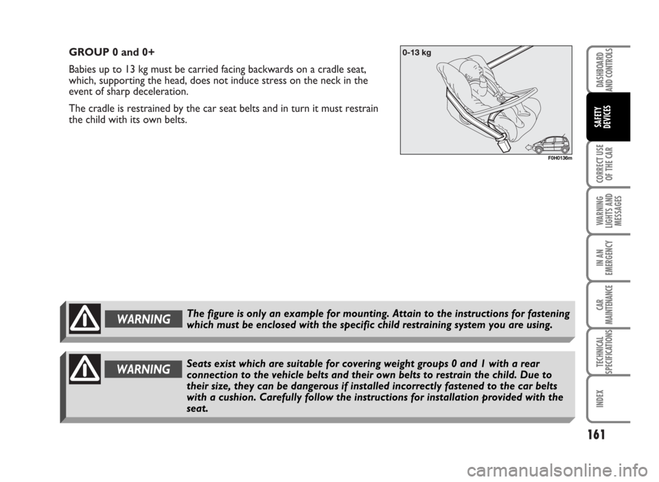 FIAT IDEA 2007 1.G Owners Manual GROUP 0 and 0+
Babies up to 13 kg must be carried facing backwards on a cradle seat,
which, supporting the head, does not induce stress on the neck in the
event of sharp deceleration.
The cradle is re