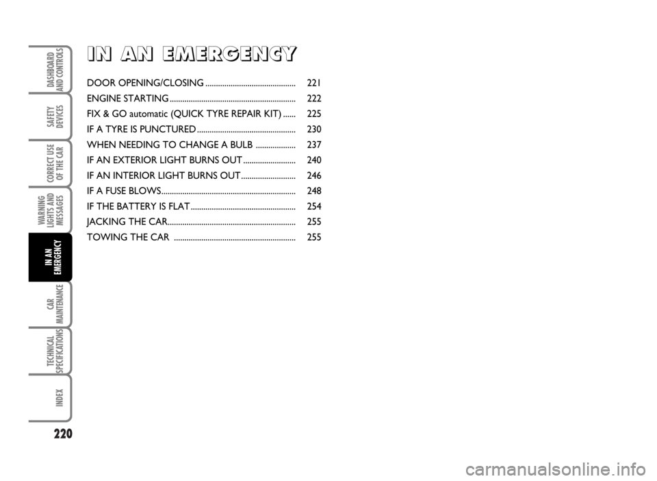 FIAT IDEA 2007 1.G User Guide 220
SAFETY
DEVICES
CORRECT USE
OF THE CAR
WARNING
LIGHTS AND
MESSAGES
CAR
MAINTENANCE
TECHNICAL
SPECIFICATIONS
INDEX
DASHBOARD
AND CONTROLS
IN AN
EMERGENCY
I I
N N
A A
N N
E E
M M
E E
R R
G G
E E
N N
