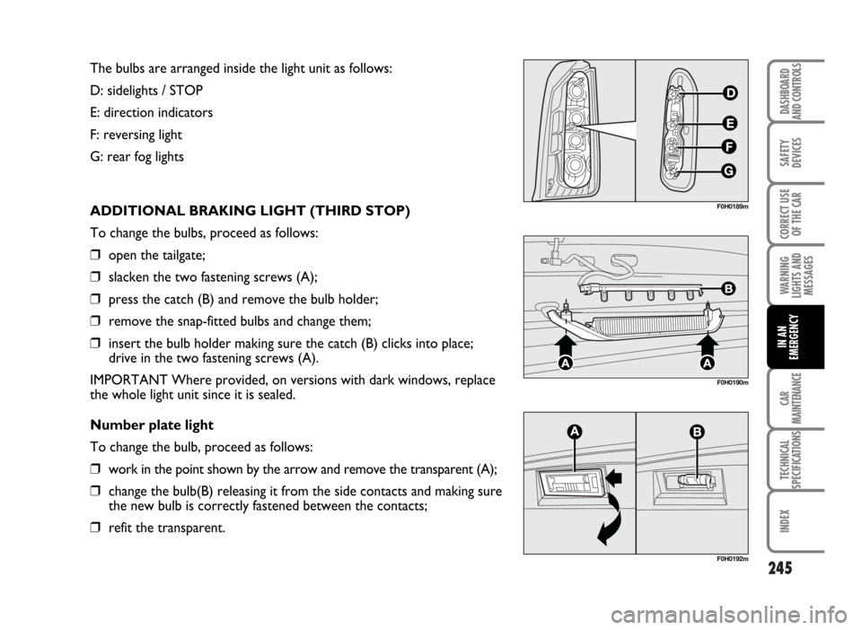 FIAT IDEA 2007 1.G Owners Manual 245
SAFETY
DEVICES
CORRECT USE
OF THE CAR
WARNING
LIGHTS AND
MESSAGES
CAR
MAINTENANCE
TECHNICAL
SPECIFICATIONS
INDEX
DASHBOARD
AND CONTROLS
IN AN
EMERGENCY
The bulbs are arranged inside the light unit FIAT IDEA 2007 1.G Owners Manual 245
SAFETY
DEVICES
CORRECT USE
OF THE CAR
WARNING
LIGHTS AND
MESSAGES
CAR
MAINTENANCE
TECHNICAL
SPECIFICATIONS
INDEX
DASHBOARD
AND CONTROLS
IN AN
EMERGENCY
The bulbs are arranged inside the light unit