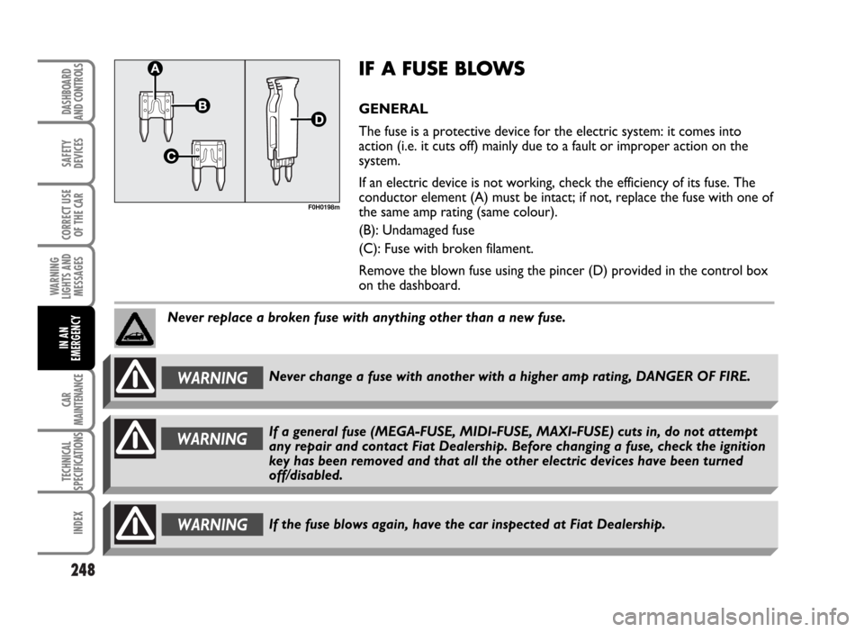 FIAT IDEA 2007 1.G Owners Manual 248
SAFETY
DEVICES
CORRECT USE
OF THE CAR
WARNING
LIGHTS AND
MESSAGES
CAR
MAINTENANCE
TECHNICAL
SPECIFICATIONS
INDEX
DASHBOARD
AND CONTROLS
IN AN
EMERGENCY
F0H0198m
IF A FUSE BLOWS
GENERAL
The fuse is