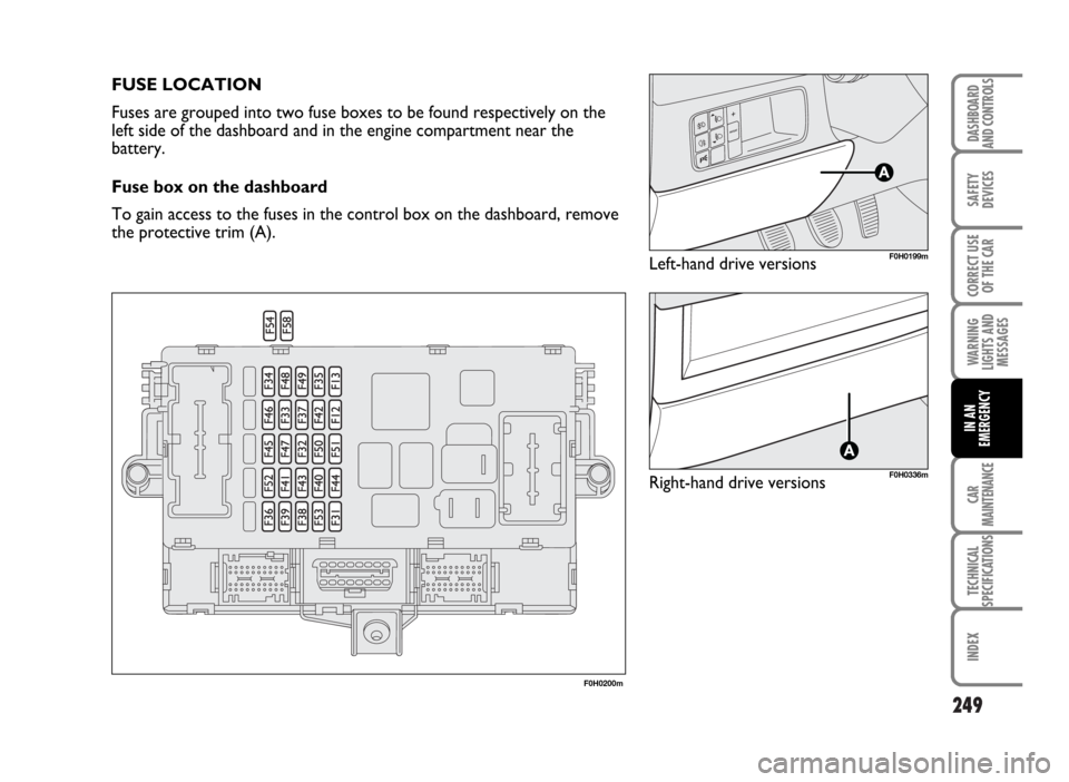 FIAT IDEA 2007 1.G Owners Manual 249
SAFETY
DEVICES
CORRECT USE
OF THE CAR
WARNING
LIGHTS AND
MESSAGES
CAR
MAINTENANCE
TECHNICAL
SPECIFICATIONS
INDEX
DASHBOARD
AND CONTROLS
IN AN
EMERGENCY
FUSE LOCATION
Fuses are grouped into two fus FIAT IDEA 2007 1.G Owners Manual 249
SAFETY
DEVICES
CORRECT USE
OF THE CAR
WARNING
LIGHTS AND
MESSAGES
CAR
MAINTENANCE
TECHNICAL
SPECIFICATIONS
INDEX
DASHBOARD
AND CONTROLS
IN AN
EMERGENCY
FUSE LOCATION
Fuses are grouped into two fus