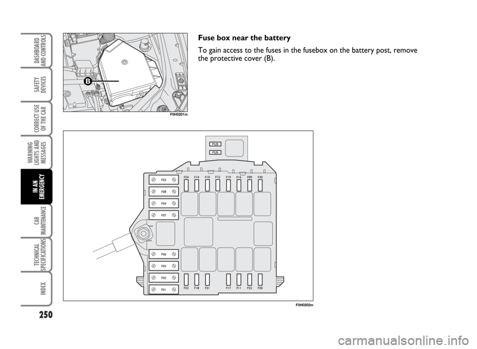 FIAT IDEA 2007 1.G Owners Manual 250
SAFETY
DEVICES
CORRECT USE
OF THE CAR
WARNING
LIGHTS AND
MESSAGES
CAR
MAINTENANCE
TECHNICAL
SPECIFICATIONS
INDEX
DASHBOARD
AND CONTROLS
IN AN
EMERGENCY
F0H0201m
F0H0202m
Fuse box near the battery
