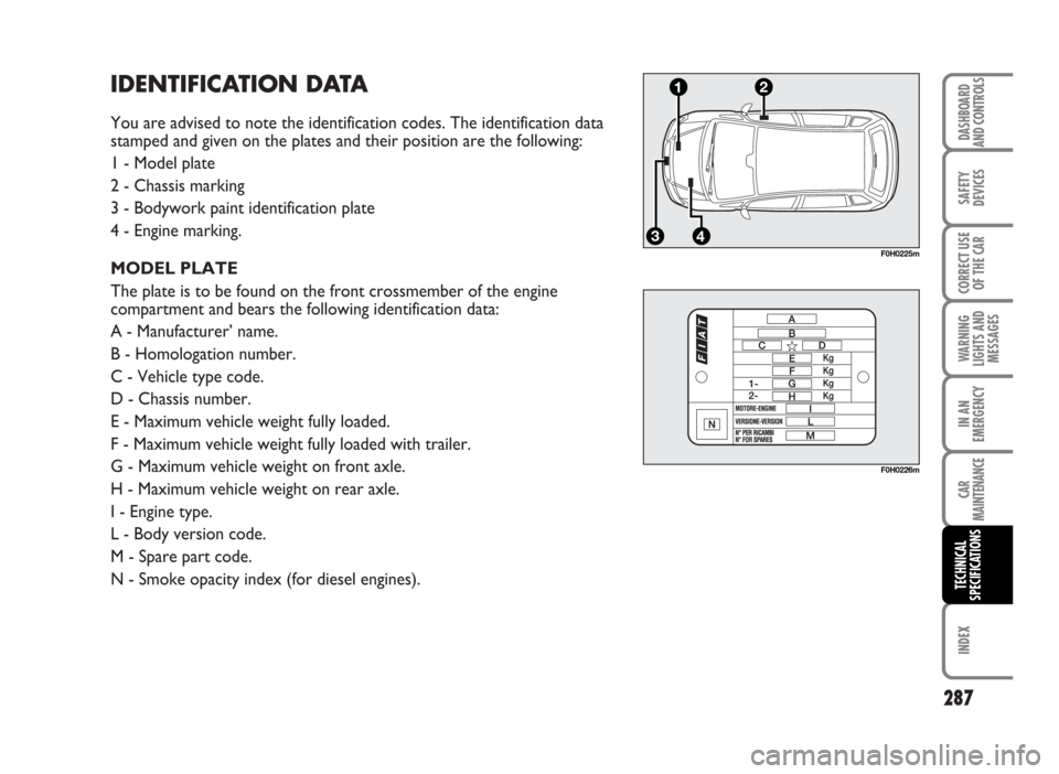 FIAT IDEA 2007 1.G Owners Manual IDENTIFICATION DATA
You are advised to note the identification codes. The identification data
stamped and given on the plates and their position are the following:
1 - Model plate
2 - Chassis marking
FIAT IDEA 2007 1.G Owners Manual IDENTIFICATION DATA
You are advised to note the identification codes. The identification data
stamped and given on the plates and their position are the following:
1 - Model plate
2 - Chassis marking