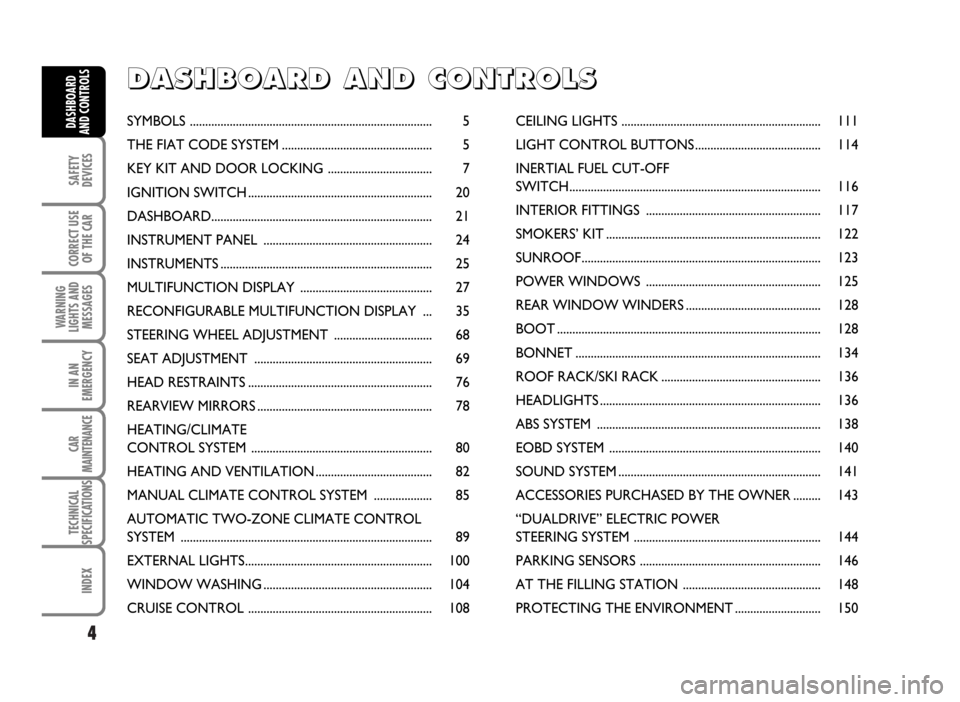 FIAT IDEA 2007 1.G Owners Manual 4
SAFETY
DEVICES
CORRECT USE
OF THE CAR
WARNING
LIGHTS AND
MESSAGES
IN AN
EMERGENCY
CAR
MAINTENANCE
TECHNICAL
SPECIFICATIONS
INDEX
DASHBOARD
AND CONTROLSSYMBOLS .......................................