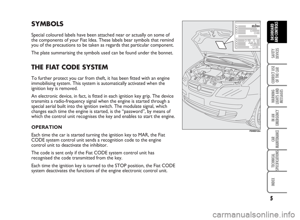 FIAT IDEA 2007 1.G Owners Manual SYMBOLS
Special coloured labels have been attached near or actually on some of
the components of your Fiat Idea. These labels bear symbols that remind
you of the precautions to be taken as regards tha