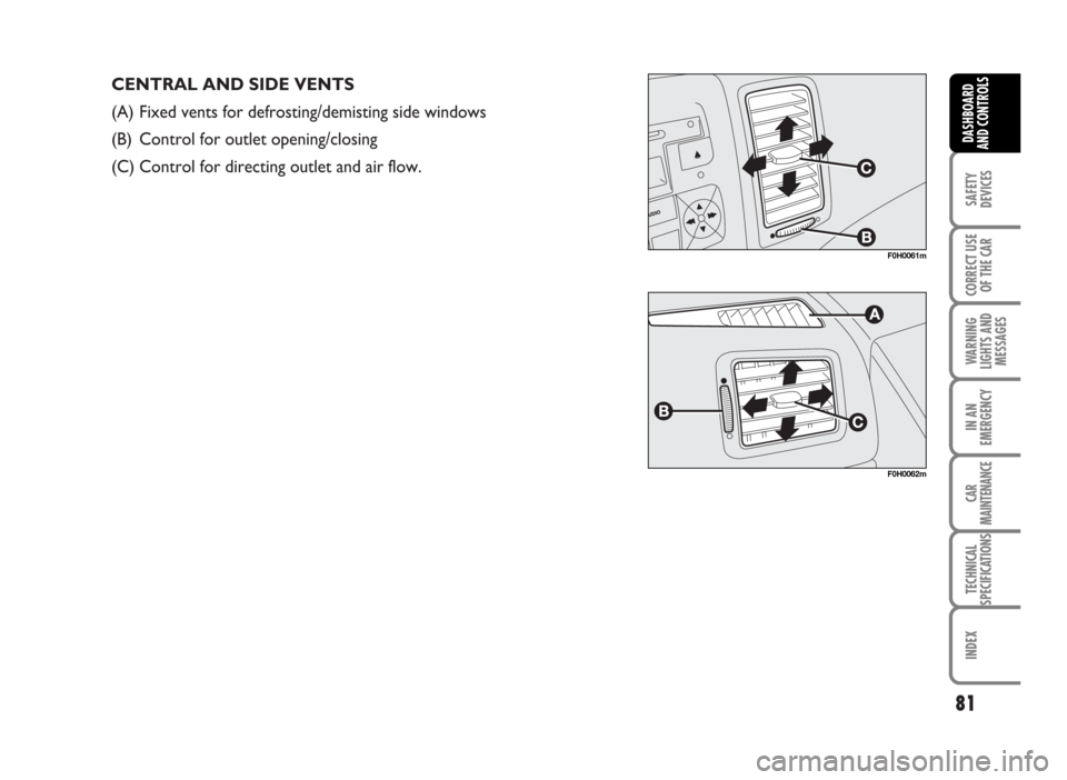 FIAT IDEA 2007 1.G Manual Online CENTRAL AND SIDE VENTS
(A) Fixed vents for defrosting/demisting side windows
(B) Control for outlet opening/closing
(C) Control for directing outlet and air flow.
81
SAFETY
DEVICES
CORRECT USE
OF THE FIAT IDEA 2007 1.G Manual Online CENTRAL AND SIDE VENTS
(A) Fixed vents for defrosting/demisting side windows
(B) Control for outlet opening/closing
(C) Control for directing outlet and air flow.
81
SAFETY
DEVICES
CORRECT USE
OF THE