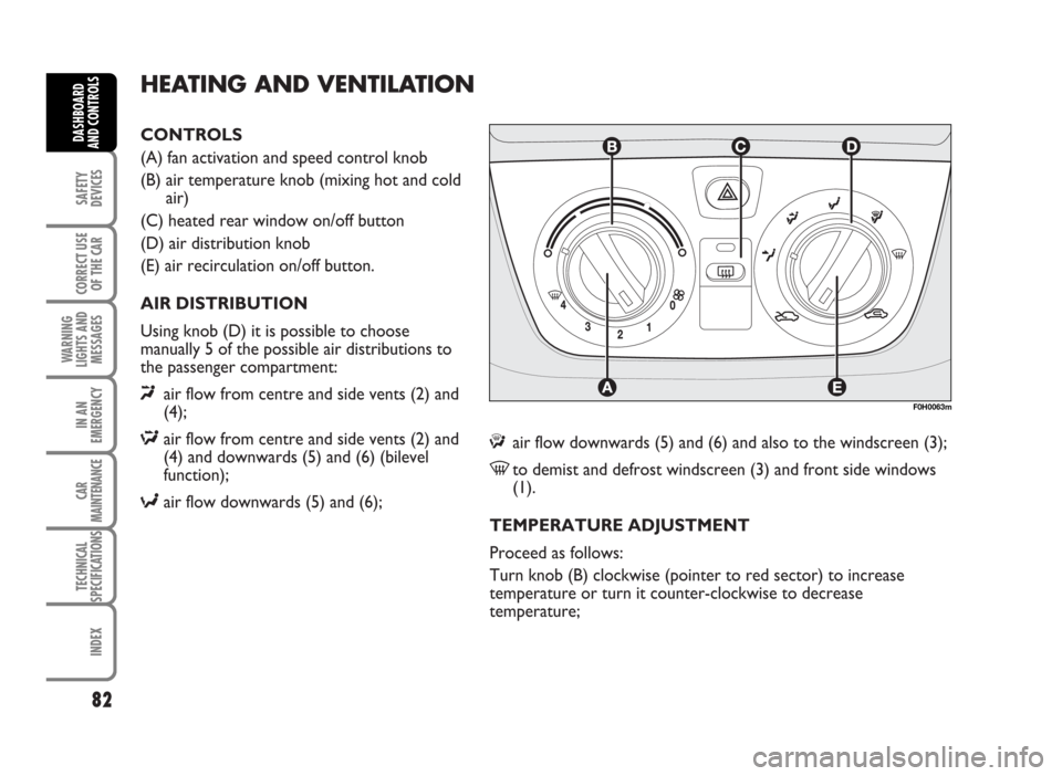 FIAT IDEA 2007 1.G Manual Online CONTROLS
(A) fan activation and speed control knob
(B) air temperature knob (mixing hot and cold
air)
(C) heated rear window on/off button
(D) air distribution knob
(E) air recirculation on/off button FIAT IDEA 2007 1.G Manual Online CONTROLS
(A) fan activation and speed control knob
(B) air temperature knob (mixing hot and cold
air)
(C) heated rear window on/off button
(D) air distribution knob
(E) air recirculation on/off button