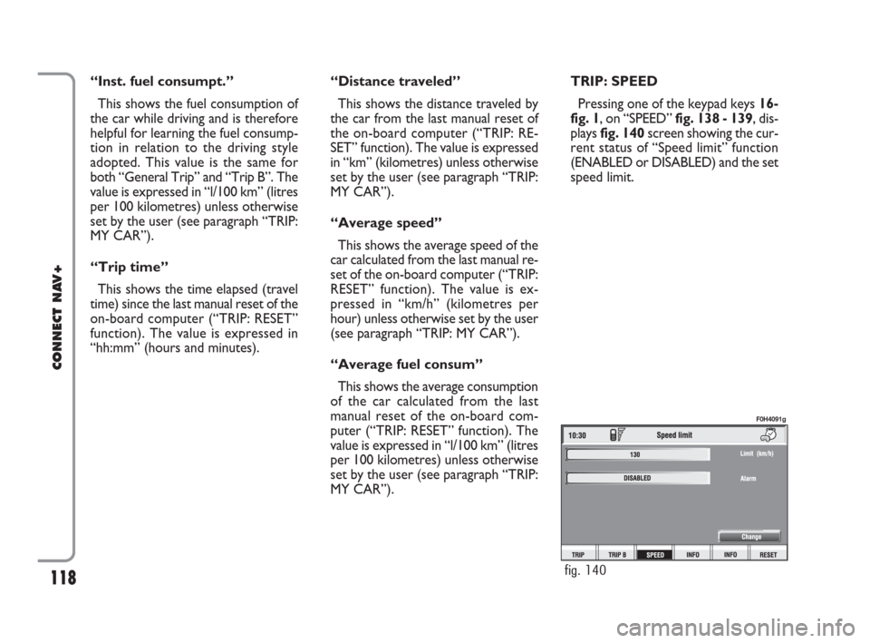 FIAT IDEA 2008 1.G Connect NavPlus Manual 118
CONNECT NAV+
“Inst. fuel consumpt.” 
This shows the fuel consumption of
the car while driving and is therefore
helpful for learning the fuel consump-
tion in relation to the driving style
adop