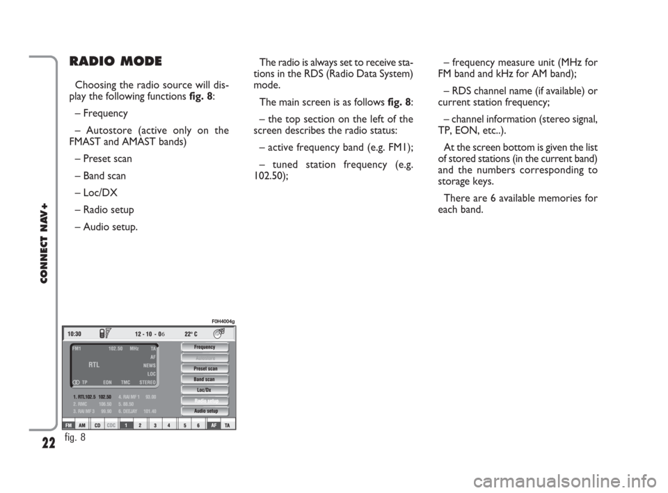 FIAT IDEA 2008 1.G Connect NavPlus Manual 22
CONNECT NAV+
– frequency measure unit (MHz for
FM band and kHz for AM band);
– RDS channel name (if available) or
current station frequency;
– channel information (stereo signal,
TP, EON, etc FIAT IDEA 2008 1.G Connect NavPlus Manual 22
CONNECT NAV+
– frequency measure unit (MHz for
FM band and kHz for AM band);
– RDS channel name (if available) or
current station frequency;
– channel information (stereo signal,
TP, EON, etc