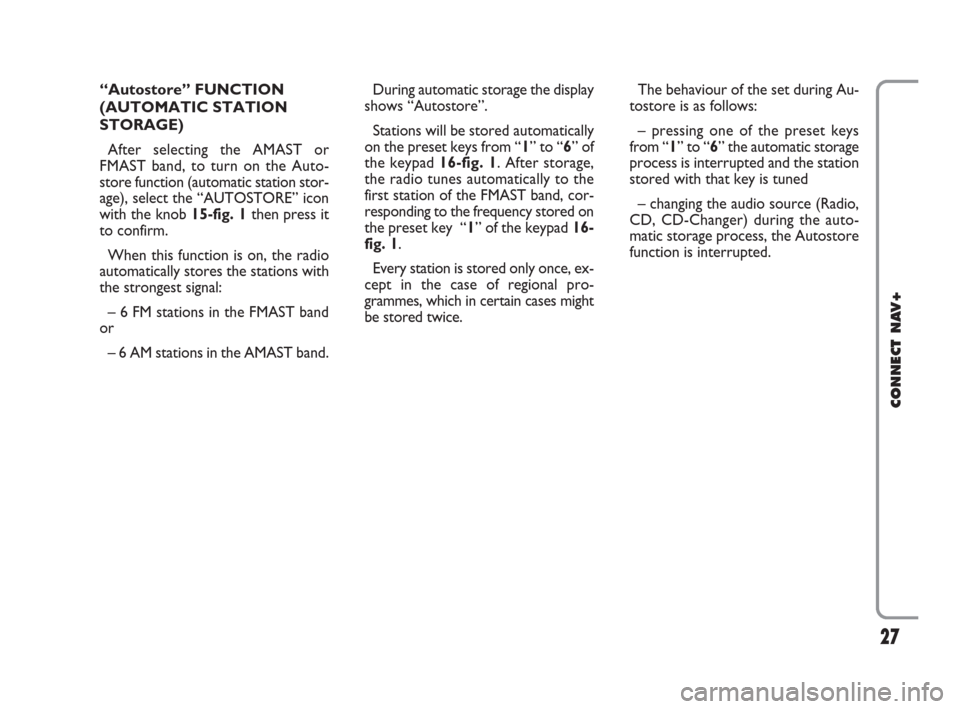 FIAT IDEA 2008 1.G Connect NavPlus Manual 27
CONNECT NAV+
During automatic storage the display
shows “Autostore”. 
Stations will be stored automatically
on the preset keys from “1” to “6” of
the keypad16-fig. 1. After storage,
the
