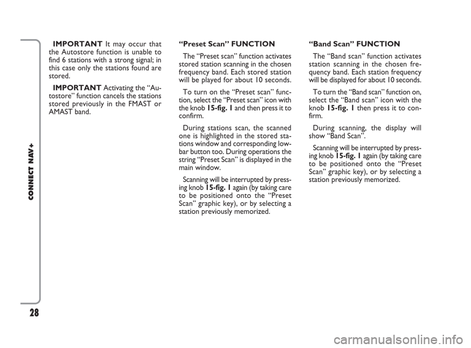 FIAT IDEA 2008 1.G Connect NavPlus Manual 28
CONNECT NAV+
IMPORTANTIt may occur that
the Autostore function is unable to
find 6 stations with a strong signal; in
this case only the stations found are
stored.
IMPORTANTActivating the “Au-
tos