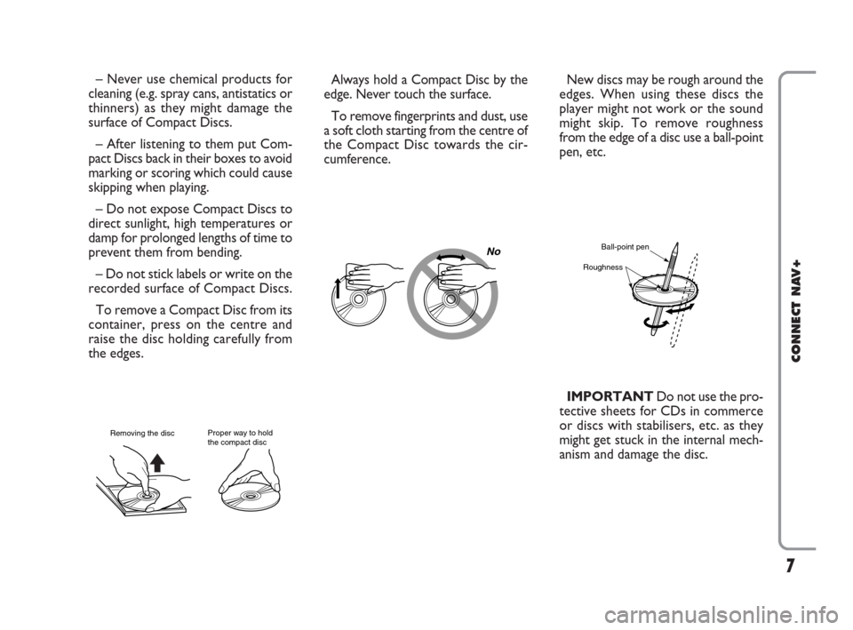 FIAT IDEA 2008 1.G Connect NavPlus Manual 7
CONNECT NAV+
No
– Never use chemical products for
cleaning (e.g. spray cans, antistatics or
thinners) as they might damage the
surface of Compact Discs.
– After listening to them put Com-
pact D