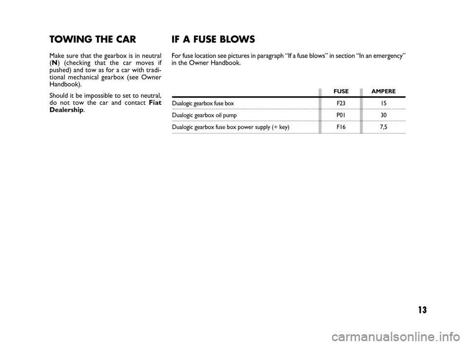 FIAT IDEA 2008 1.G Dualogic Transmission Manual 13
TOWING THE CAR
Make sure that the gearbox is in neutral
(N) (checking that the car moves if
pushed) and tow as for a car with tradi-
tional mechanical gearbox (see Owner
Handbook).
Should it be imp FIAT IDEA 2008 1.G Dualogic Transmission Manual 13
TOWING THE CAR
Make sure that the gearbox is in neutral
(N) (checking that the car moves if
pushed) and tow as for a car with tradi-
tional mechanical gearbox (see Owner
Handbook).
Should it be imp