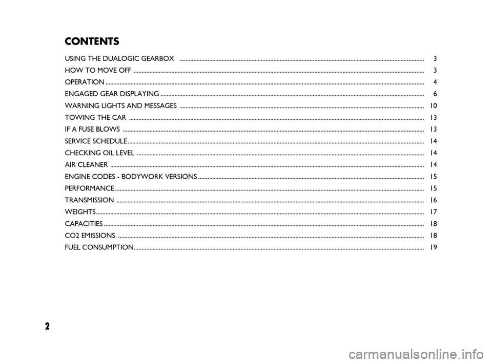 FIAT IDEA 2008 1.G Dualogic Transmission Manual 2 2
CONTENTS
USING THE DUALOGIC GEARBOX  ............................................................................................................................................................ 3
