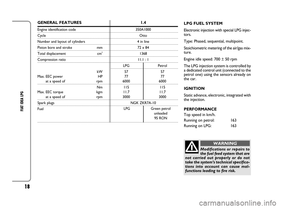 FIAT IDEA 2008 1.G LPG Supplement Manual 18
FIAT IDEA LPG 
LPG FUEL SYSTEM
Electronic injection with special LPG injec-
tors.
Type: Phased, sequential, multipoint.
Stoichiometric metering of the air/gas mix-
ture.
Engine idle speed: 700 ± 5