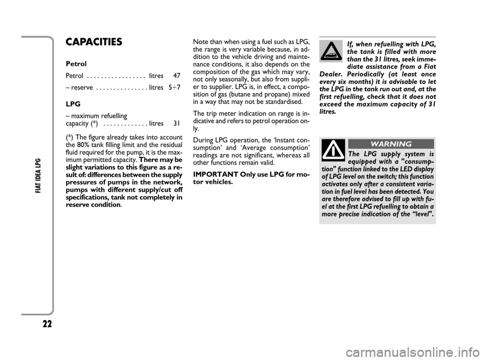 FIAT IDEA 2008 1.G LPG Supplement Manual 22
FIAT IDEA LPG 
CAPACITIES
Petrol
Petrol  . . . . . . . . . . . . . . . . .  litres 47
– reserve  . . . . . . . . . . . . . . . litres  5÷7
LPG
– maximum refuelling
capacity (*)  . . . . . . . 