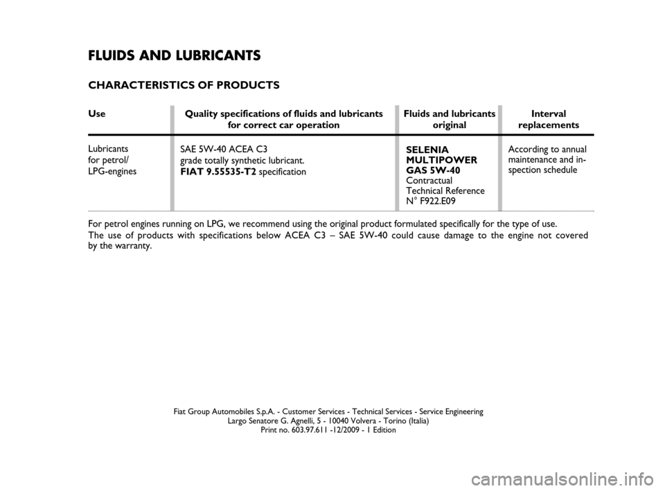 FIAT IDEA 2008 1.G LPG Supplement Manual Fiat Group Automobiles S.p.A. - Customer Services - Technical Services - Service Engineering
Largo Senatore G. Agnelli, 5 - 10040 Volvera - Torino (Italia)
Print no. 603.97.611 -12/2009 - 1 Edition
FL FIAT IDEA 2008 1.G LPG Supplement Manual Fiat Group Automobiles S.p.A. - Customer Services - Technical Services - Service Engineering
Largo Senatore G. Agnelli, 5 - 10040 Volvera - Torino (Italia)
Print no. 603.97.611 -12/2009 - 1 Edition
FL