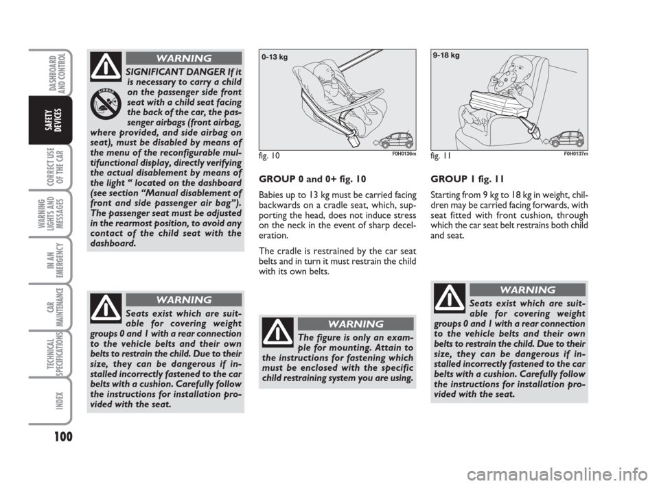 FIAT IDEA 2008 1.G Owners Manual 100
CORRECT USE
OF THE CAR
WARNING
LIGHTS AND
MESSAGES
IN AN
EMERGENCY
CAR
MAINTENANCE
TECHNICAL
SPECIFICATIONS
INDEX
DASHBOARD
AND CONTROL
SAFETY
DEVICES
SIGNIFICANT DANGER If it
is necessary to carr FIAT IDEA 2008 1.G Owners Manual 100
CORRECT USE
OF THE CAR
WARNING
LIGHTS AND
MESSAGES
IN AN
EMERGENCY
CAR
MAINTENANCE
TECHNICAL
SPECIFICATIONS
INDEX
DASHBOARD
AND CONTROL
SAFETY
DEVICES
SIGNIFICANT DANGER If it
is necessary to carr