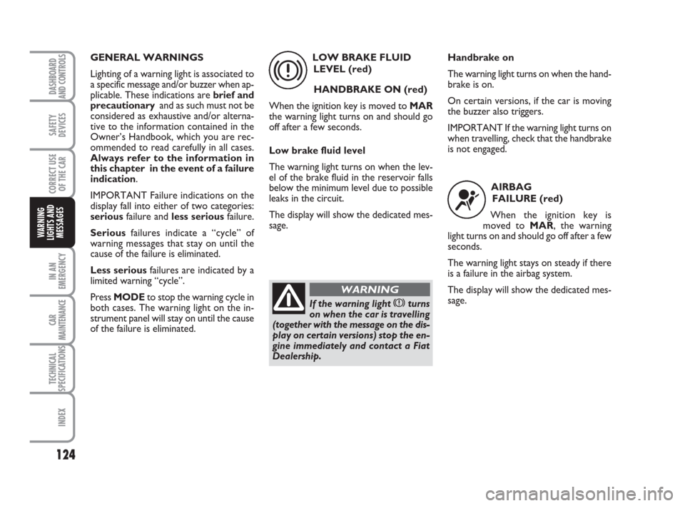 FIAT IDEA 2008 1.G Owners Manual 124
IN AN
EMERGENCY
CAR
MAINTENANCE
TECHNICAL
SPECIFICATIONS
INDEX
DASHBOARD
AND CONTROLS
SAFETY
DEVICES
CORRECT USE
OF THE CAR
WARNING
LIGHTS AND
MESSAGES
GENERAL WARNINGS
Lighting of a warning light FIAT IDEA 2008 1.G Owners Manual 124
IN AN
EMERGENCY
CAR
MAINTENANCE
TECHNICAL
SPECIFICATIONS
INDEX
DASHBOARD
AND CONTROLS
SAFETY
DEVICES
CORRECT USE
OF THE CAR
WARNING
LIGHTS AND
MESSAGES
GENERAL WARNINGS
Lighting of a warning light
