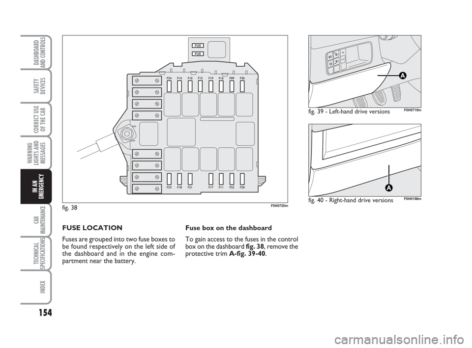 FIAT IDEA 2008 1.G Owners Manual 154
CAR
MAINTENANCE
TECHNICAL
SPECIFICATIONS
INDEX
DASHBOARD
AND CONTROLS
SAFETY
DEVICES
CORRECT USE
OF THE CAR
WARNING
LIGHTS AND
MESSAGES
IN AN
EMERGENCY
F0H0720m
FUSE LOCATION
Fuses are grouped int FIAT IDEA 2008 1.G Owners Manual 154
CAR
MAINTENANCE
TECHNICAL
SPECIFICATIONS
INDEX
DASHBOARD
AND CONTROLS
SAFETY
DEVICES
CORRECT USE
OF THE CAR
WARNING
LIGHTS AND
MESSAGES
IN AN
EMERGENCY
F0H0720m
FUSE LOCATION
Fuses are grouped int