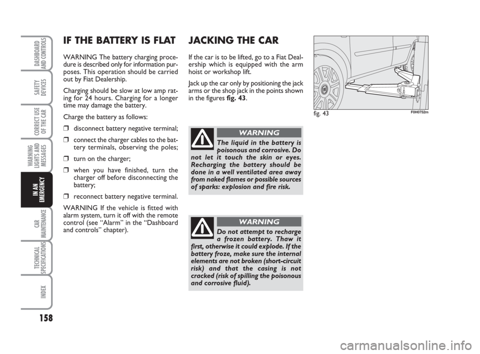 FIAT IDEA 2008 1.G Owners Manual 158
CAR
MAINTENANCE
TECHNICAL
SPECIFICATIONS
INDEX
DASHBOARD
AND CONTROLS
SAFETY
DEVICES
CORRECT USE
OF THE CAR
WARNING
LIGHTS AND
MESSAGES
IN AN
EMERGENCY
IF THE BATTERY IS FLAT
WARNING The battery c