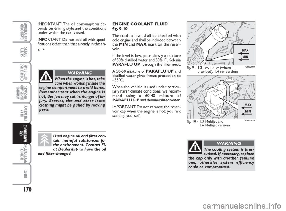 FIAT IDEA 2008 1.G Owners Manual 170
TECHNICAL
SPECIFICATIONS
INDEX
DASHBOARD
AND CONTROLS
SAFETY
DEVICES
CORRECT USE
OF THE CAR
WARNING
LIGHTS AND
MESSAGES
IN AN
EMERGENCY
CAR
MAINTENANCE
IMPORTANT The oil consumption de-
pends on d