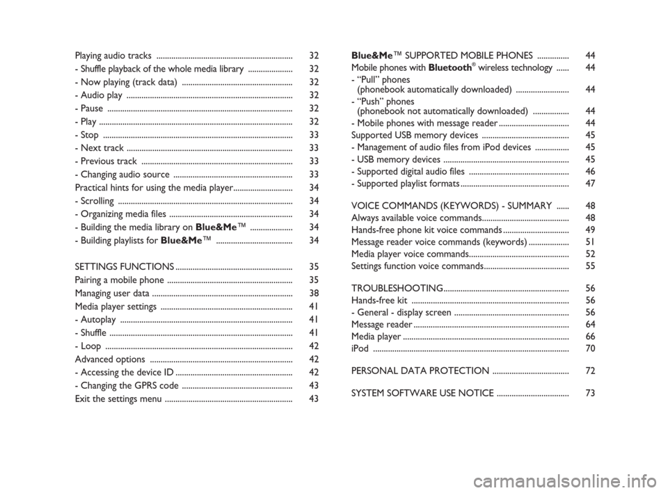 FIAT IDEA 2009 1.G Blue And Me Manual Playing audio tracks ................................................................ 32
- Shuffle playback of the whole media library..................... 32
- Now playing (track data) ..............